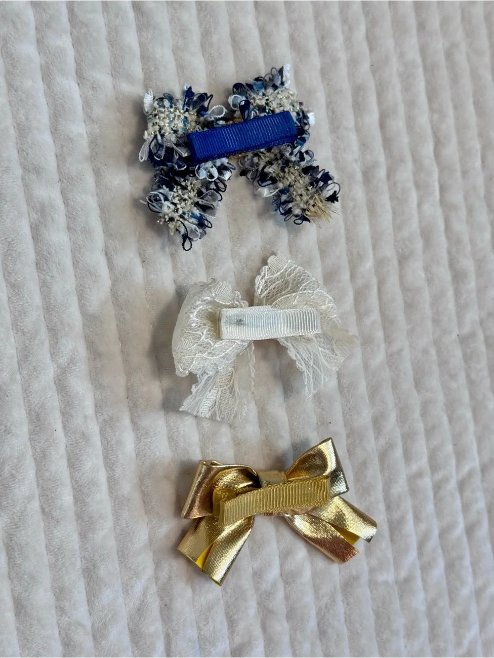 Kids Bow Hair Clips - Navy Tweed, Ivory, and Gold Set